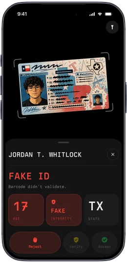 Bouncr’s iPhone app displaying an ID check and a fake ID result.